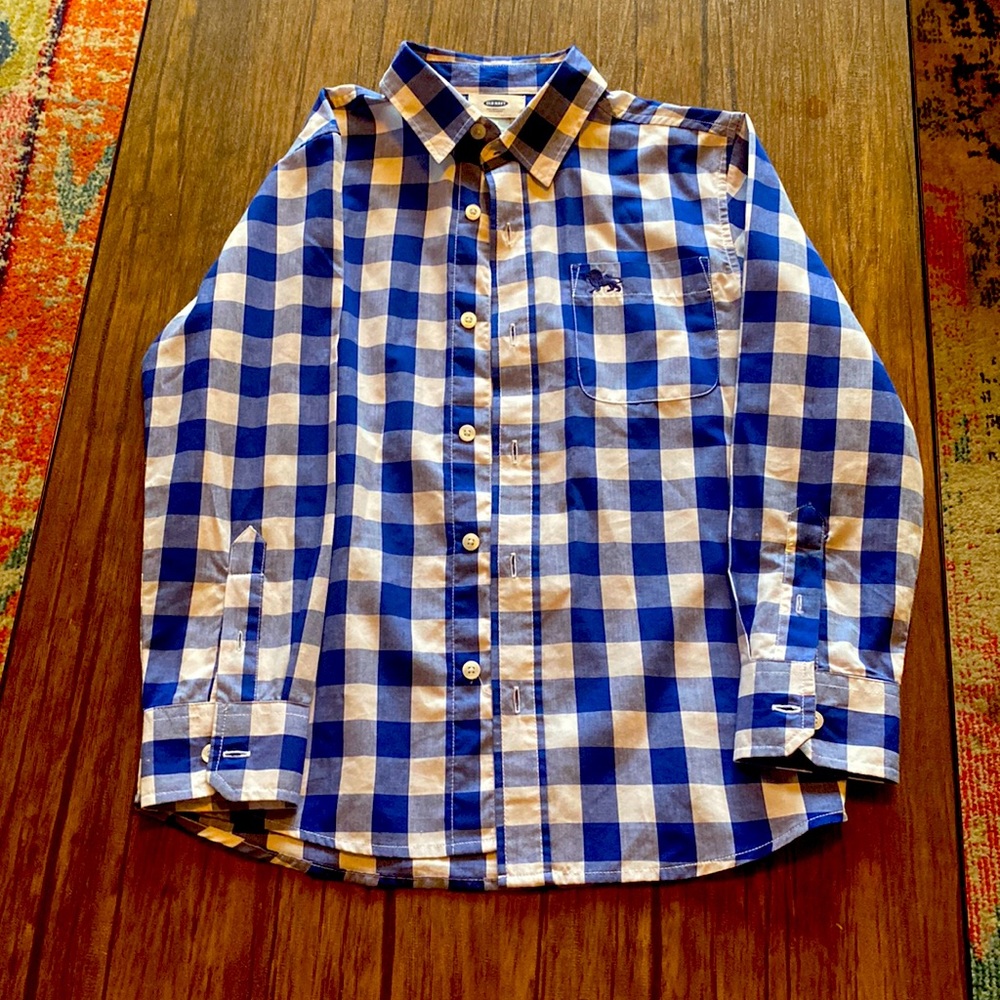 Boys button down, blue/white, size 8, worn only 2 times